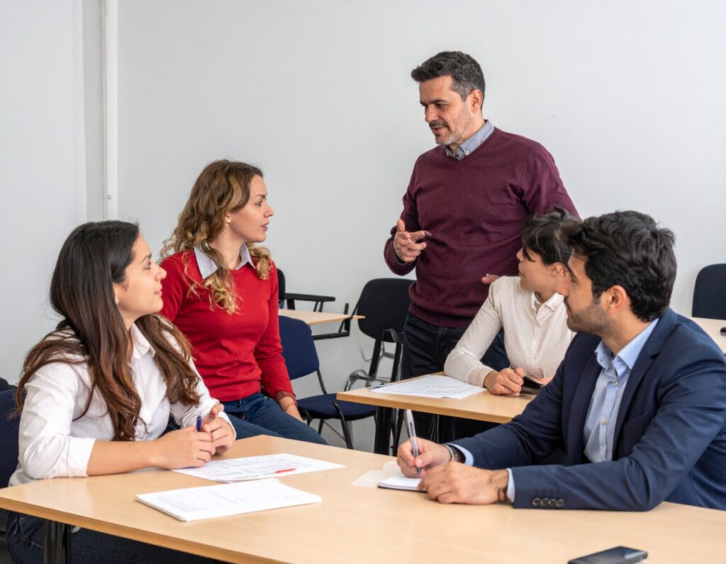 a-group-of-adults-having-a-discussion-whilst-training-on-a-business-course-in-a-classroom